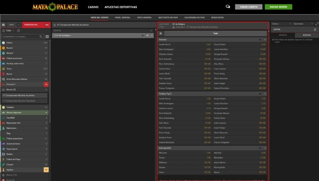 Mercado de apuestas para Fórmula 1 mostrando cuotas de pilotos, finalistas y equipos favoritos