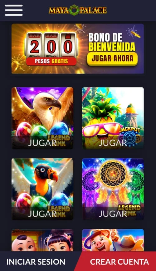 Página móvil con bono de bienvenida de 200 pesos gratis y tragamonedas coloridas en Maya Palace