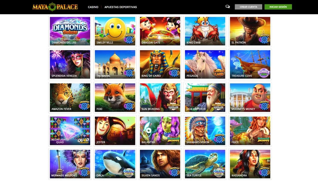 Pantalla de Maya Palace mostrando una amplia variedad de tragamonedas con temáticas como Egipto y mitología