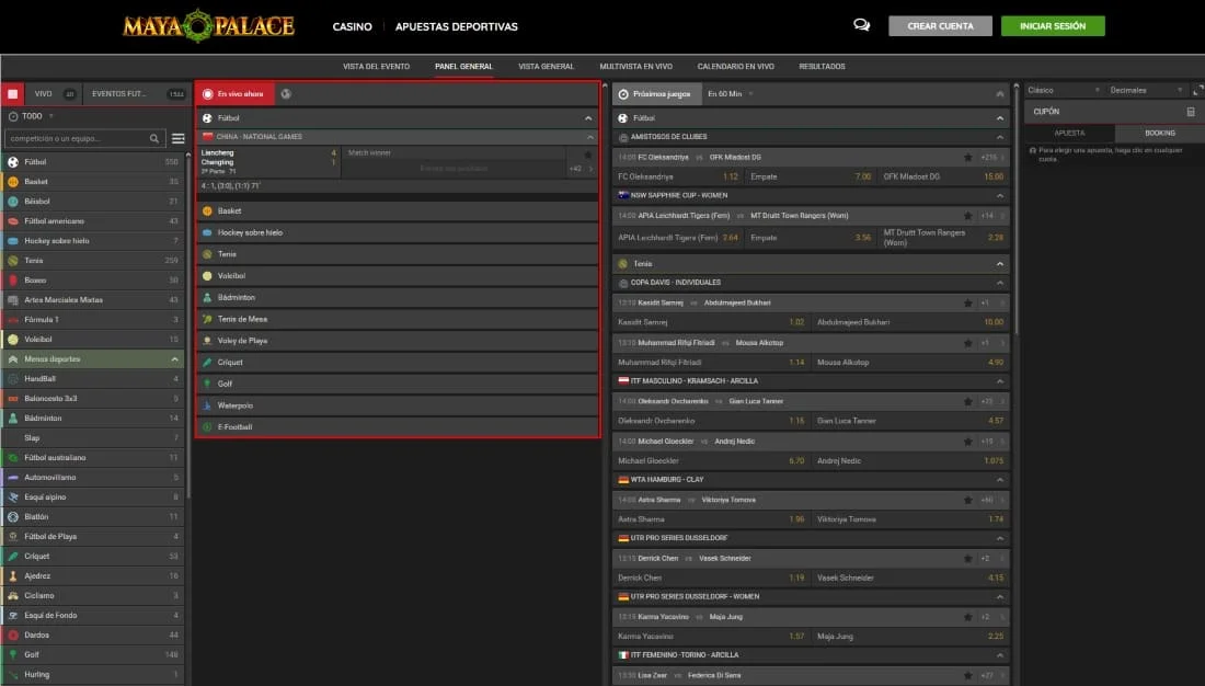 Panel general de apuestas deportivas mostrando deportes en vivo y próximos partidos destacados