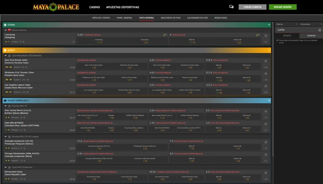 Sección vista general con cuotas para fútbol, básquetbol y hockey sobre hielo en tiempo real